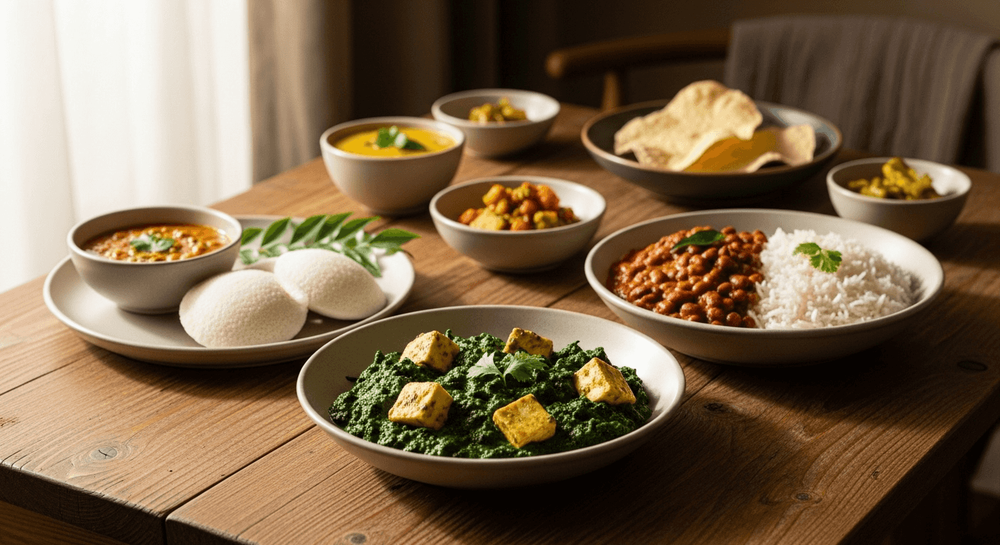 An array of vibrant Indian vegetarian dishes like Palak Paneer, Rajma Chawal, and Idli Sambhar, beautifully arranged on a rustic wooden table in a minimalist setting.