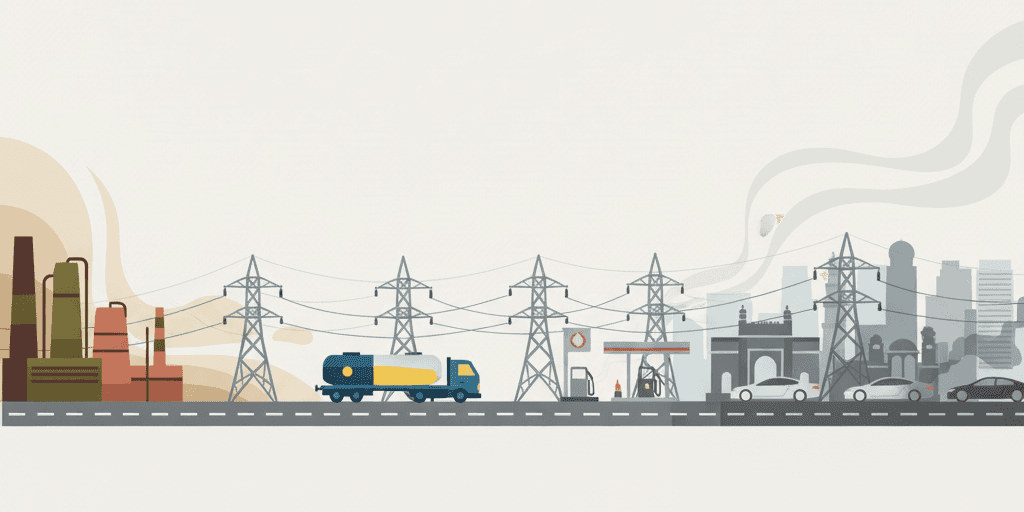 A minimalist digital illustration depicting the well-to-wheel carbon footprint of electric and internal combustion engine cars in India. The illustration shows the journey of fuels from an oil refinery on the left to a modern city skyline on the right transported by an oil tanker. It shows electricity grid running to the city. The cars on the road in the city line up near a fuel station and transition from a clean to a darker color to symbolize their environmental impact.