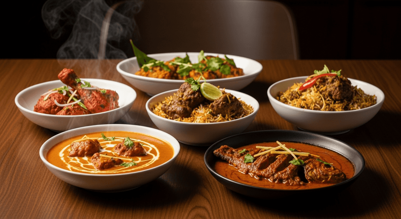A variety of popular Indian non-vegetarian dishes such as Butter Chicken, Mutton Biryani, and a fish curry, artfully arranged on a premium, dark wooden table with soft lighting, suggesting a minimalist and engaging design